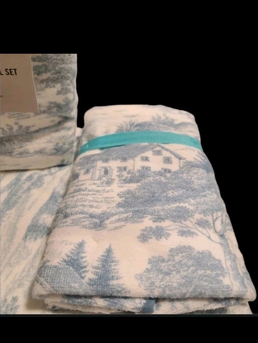 6pc Martha Stewart Blue Toile Velour Bath Hand Tip Towel Set 100% Cotton NEW - Picture 3 of 16